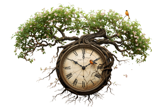 Ancient tree clock with lush green foliage and roman numerals