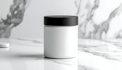 White cosmetic jar with black lid on marble surface