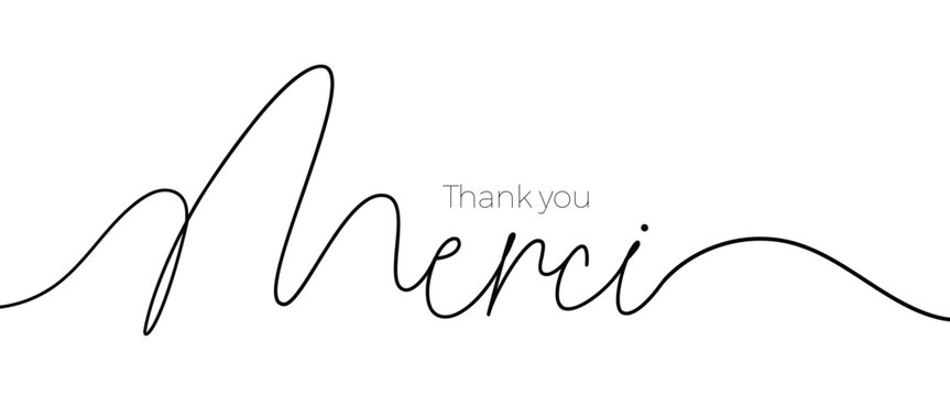 Thank you in French, ink brush style vector lettering. Merci phrase handwritten vector calligraphy with swooshes. Modern brush lettering isolated on white background. Postcard, greeting card, t shirt