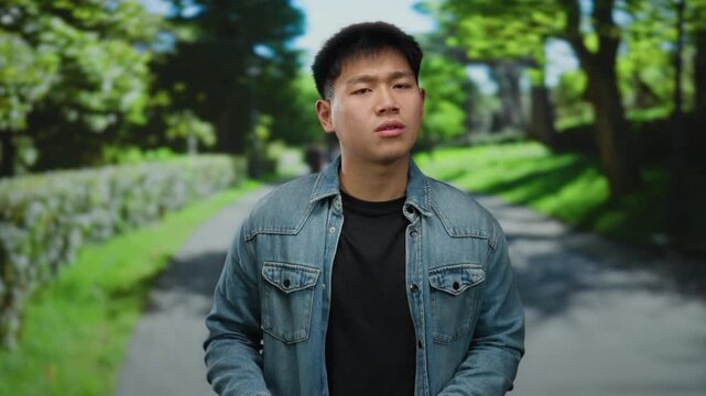 Young man gestures expressively in a lush park setting with a bright outdoor backdrop on a sunny day