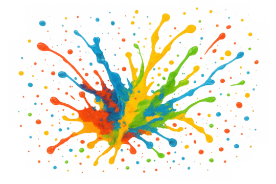 Colorful paint splash creating an energetic burst of primary and secondary colors on a transparent background