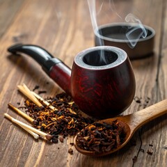 Smoking pipe and tobacco on wooden table