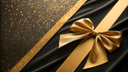 A golden bow or ribbon on a black background is a classic celebration decoration for a holiday gift or present box, Gold ribbon bow on black background, The Luxury of Gifting