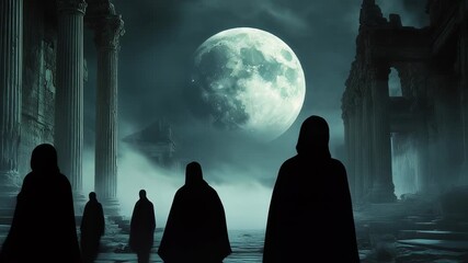 Mysterious procession beneath moonlight in ancient ruins, evoking suspense and intrigue - Powered by Adobe