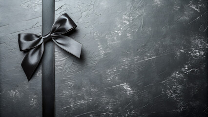 A shiny silver ribbon bow on wood is a festive decoration for a Christmas gift or anniversary present, Black Bow Tie on Luxurious Black Background for Elegant Holiday Gift Wrapping