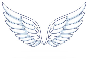 Obraz premium Pair of stylized cartoon wings spread wide open on white background in feather pattern for angel freedom
