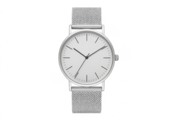Minimalist silver wristwatch with analog display, transparent background