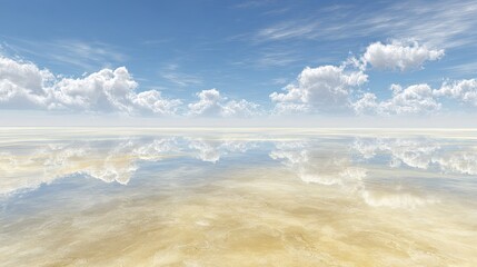 Vast Beach Landscape Under Sunny Sky With Cloud Reflections
