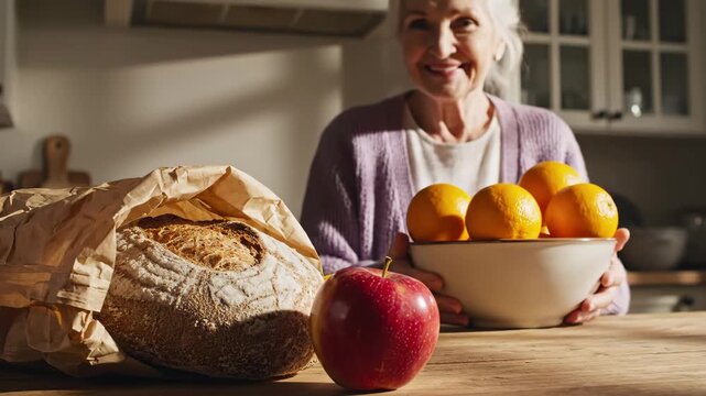 Fresh Bread and Fruit with Smiling Woman - A paper bag containing fresh bread is set on a wooden table, along with a red apple. In the background, a smiling elderly woman holds a bowl of ripe oranges.