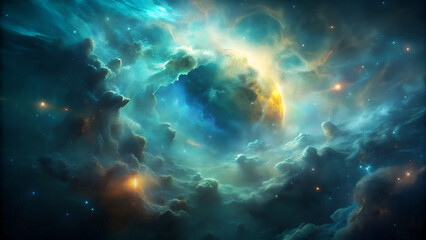 Obraz premium A dark fantasy nebula galaxy backdrops a lone planet and astral stars, Interstellar Travel Through Cosmic Gateways to Distant Galaxies Futuristic Transportation Concepts 