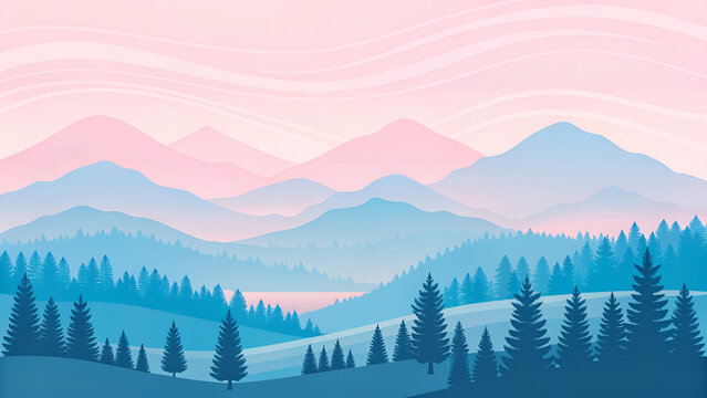 Mountain winter landscape view with pine trees and morning fog under a cold sky, Misty forest landscape with mountains in watercolor style, minimalist design
