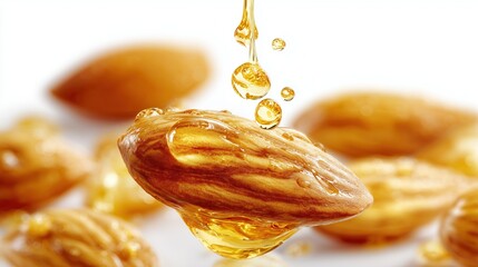 Drops of almond oil dripped onto the almond floating on the air. on a white background 