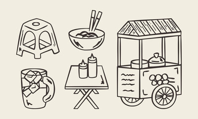 Street food illustration set featuring a cart, folding table, drink, stool, and bowl of noodles in simple hand-drawn line style.