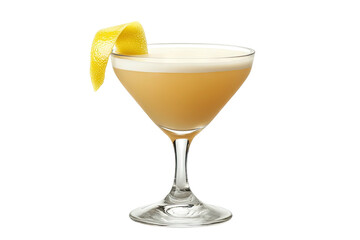 Cocktail in glass, frothy head, lemon peel garnish