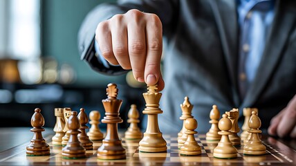 Businessman playing chess making strategic move symbolizing leadership planning and decision making in business
