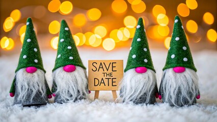 Cute christmas gnomes with save the date sign on snowy background  
