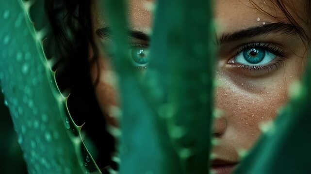 Mysterious Gaze: A Woman's Azure Eyes Peeking Through Lush, Dew-Kissed Aloe Leaves