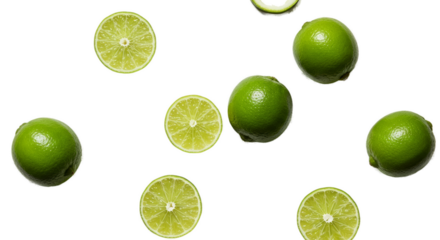Fresh Lime Slices and Whole Fruits Scattered on a Soft Green Gradient Background