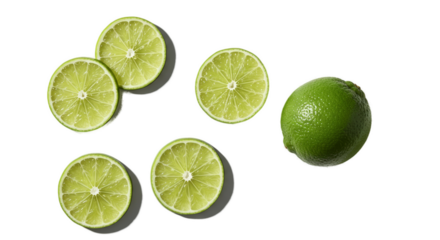 Fresh Lime Slices and Whole Fruit on Light Green Background