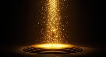 Golden Aura: Illuminated figure bathed in golden light on a stage.