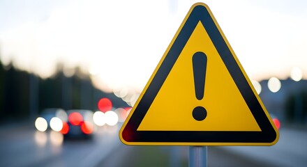 Yellow Caution Warning Sign with Exclamation Mark in Dark Parking Area