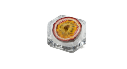 Fresh Passion Fruit Slice on Ice Cubes Amber Gradient Background