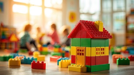 Colorful Toy House Made Of Building Blocks In Playroom