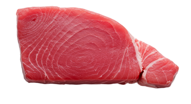 Fresh Raw Tuna Steak With Visible Marbling On Red Gradient Background