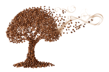 Tree made of coffee beans with steam rising from a glass