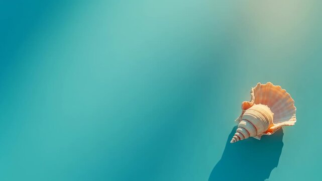 Minimalist seaside shell motion on turquoise background creates a soothing aesthetic, ideal for