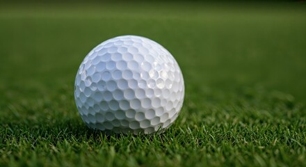 Golf ball on the Green: A close-up shot of a pristine golf ball, perfectly positioned on a verdant green lawn, ready for the next swing.
