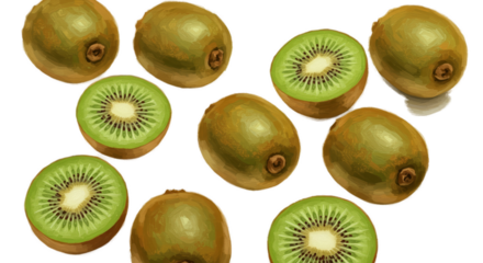 Fresh Ripe Kiwifruit Whole and Halved Arrangement Realistic Photo