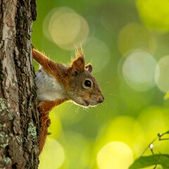 Squirrel peeking from tree trunk
