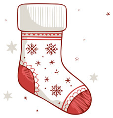 Festive red and white Christmas stocking with snowflake pattern hand drawn illustration