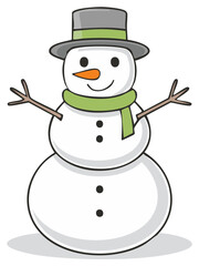 Cartoon snowman illustration featuring a hat, scarf, carrot nose and branch arms smiling with three black buttons