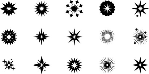 Obraz premium Set of varied starburst and star shapes in minimal black and white vector icon collection