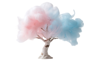 Whimsical cotton candy tree with pink and blue fluffy clouds
