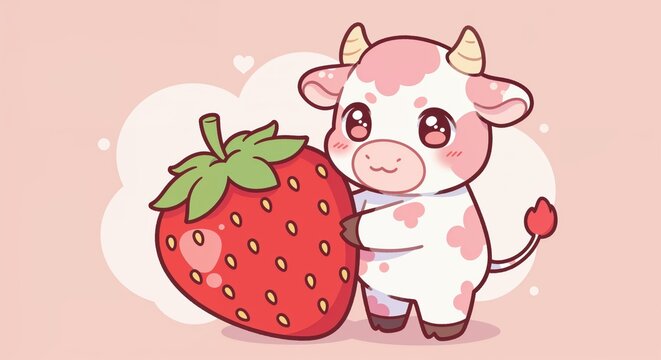 Strawberry Cow's Sweet Embrace: A charming illustration featuring an adorable strawberry cow tenderly embracing a giant, ripe strawberry. The image radiates cuteness and delight.