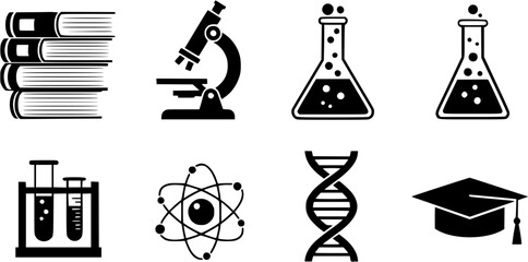 Naklejka premium Science and education black glyph icon set with books, microscope, flask, test tubes, atom, dna, and graduation cap.