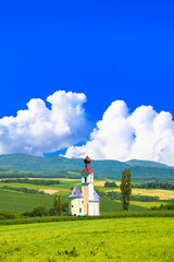 丘にたつ一本の木とヨーロッパ風教会合成写真