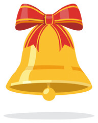 Golden bell illustration with red ribbon bow. Christmas, holiday, or event concept.