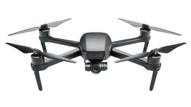 Black drone isolated on transparent background, a modern unmanned aerial vehicle
