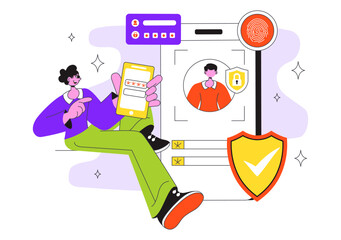 Digital Identity Security Illustration Featuring Secure User Authentication With Passwords, Verifying Identities, Biometric Data, And Login Activity