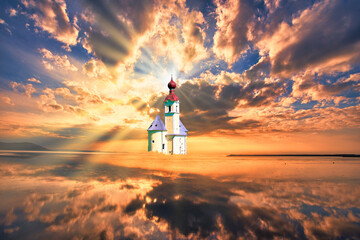 北海道の雲海とヨーロッパ風教会合成写真