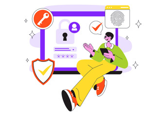 Digital Identity Security Illustration Featuring Secure User Authentication With Passwords, Verifying Identities, Biometric Data, And Login Activity