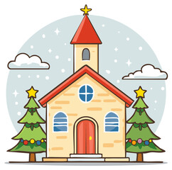 Cartoon Church Building with Christmas Trees for Holiday Celebrations and Winter Events