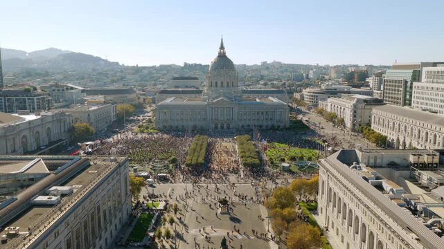 San Francisco - Large Rally / Protest Crowd at SF City Hall on Sunny Day