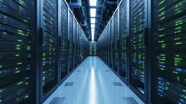 Modern Data Center Server Room - A long view of a modern server room with rows of computer racks. The environment is cool and sterile, reflecting the crucial role data centers play in today's digital