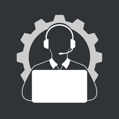 Customer support icon featuring a person with a headset and laptop, against a gear backdrop.