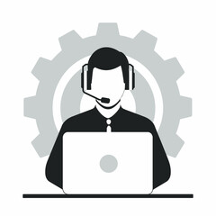 Silhouette of a person wearing a headset, working on a laptop, with a gear in the background.